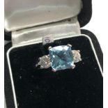 Fine platinum diamond and aquamarine ring central aquamarine measures approx 10mm by 10mm 2.72ct