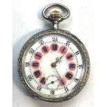 Antique goliath size silver pocket watch coloured enamel dial case measures approx 61mm dia watch