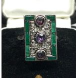 Art deco platinum emerald diamond and amethyst ring