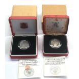 2 Royal Mint sterling silver proof Piedfort one pound coins 1984 and 1986 original box and packaging