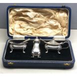 boxed silver cruet set blue glass liners Birmingham silver hallmarks