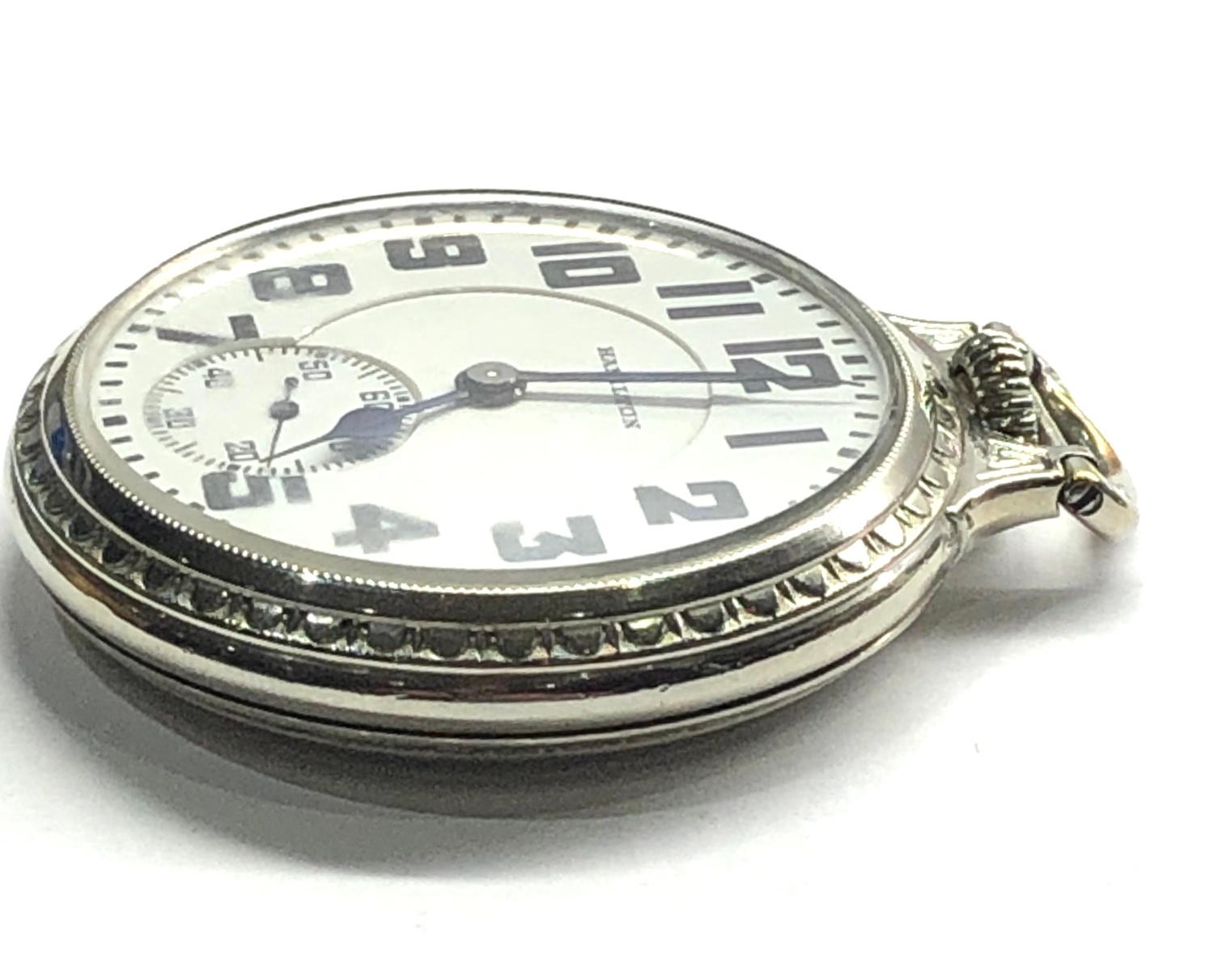 Fine art deco 14ct white gold plated Hamilton watch Co Lancaster double roller pocket watch in - Image 3 of 6