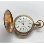 large Antique gold plated american waltham watch Co full hunter pocket watch engraved case watch