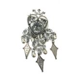 Silver crowned heart marriage brooch, with trefoil dangles and silver gilt spoons to ward of evil.