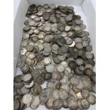 Large selection of silver George V 3 pence coins, approximate weight: 890g