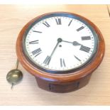 Antique mahogany single fusee school / post office wall clock, untested complete with pendulum and