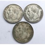 3 Belgium silver 5 Francs 1873, 1873, 1868