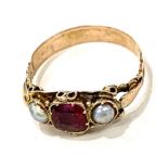 Ladies gold Ruby and Pearl set ring, approximate weight 1.6g, ring size K/L, no hallmarks but