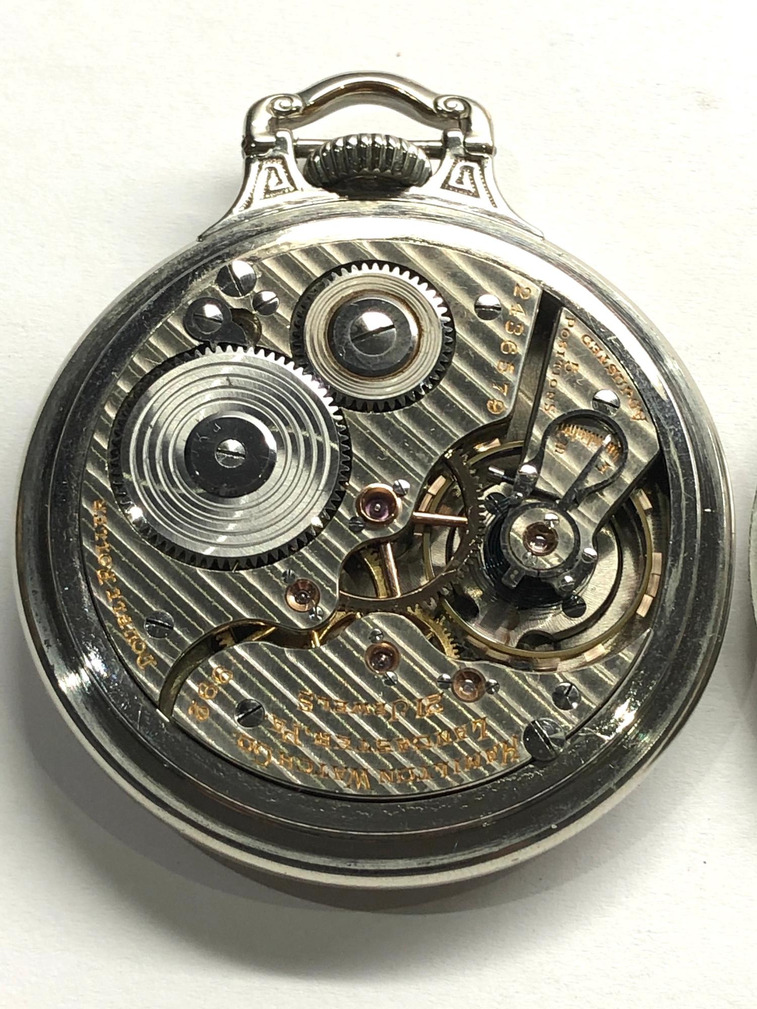 Fine art deco 14ct white gold plated Hamilton watch Co Lancaster double roller pocket watch in - Image 6 of 6