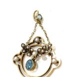 15ct gold set with seed pearls and aqua marine drops,(no hallmarks but tests as 15kt), approximate