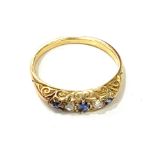 Gold and Sapphire ring, no hallmarks but tests as gold, ring size K, total approximate weight 2.1g