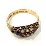 15ct gold ruby and pearl ladies ring, full hallmarks, approximate total weight 2.5g.missing end