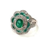 18ct Diamond and Emerald cluster ring, approximate weight 7.9g, ring size between P/Q. The ring