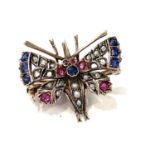 Butterfly brooch, set with Rose diamonds, Ruby and Sapphire set in silver front, gold backed, 2
