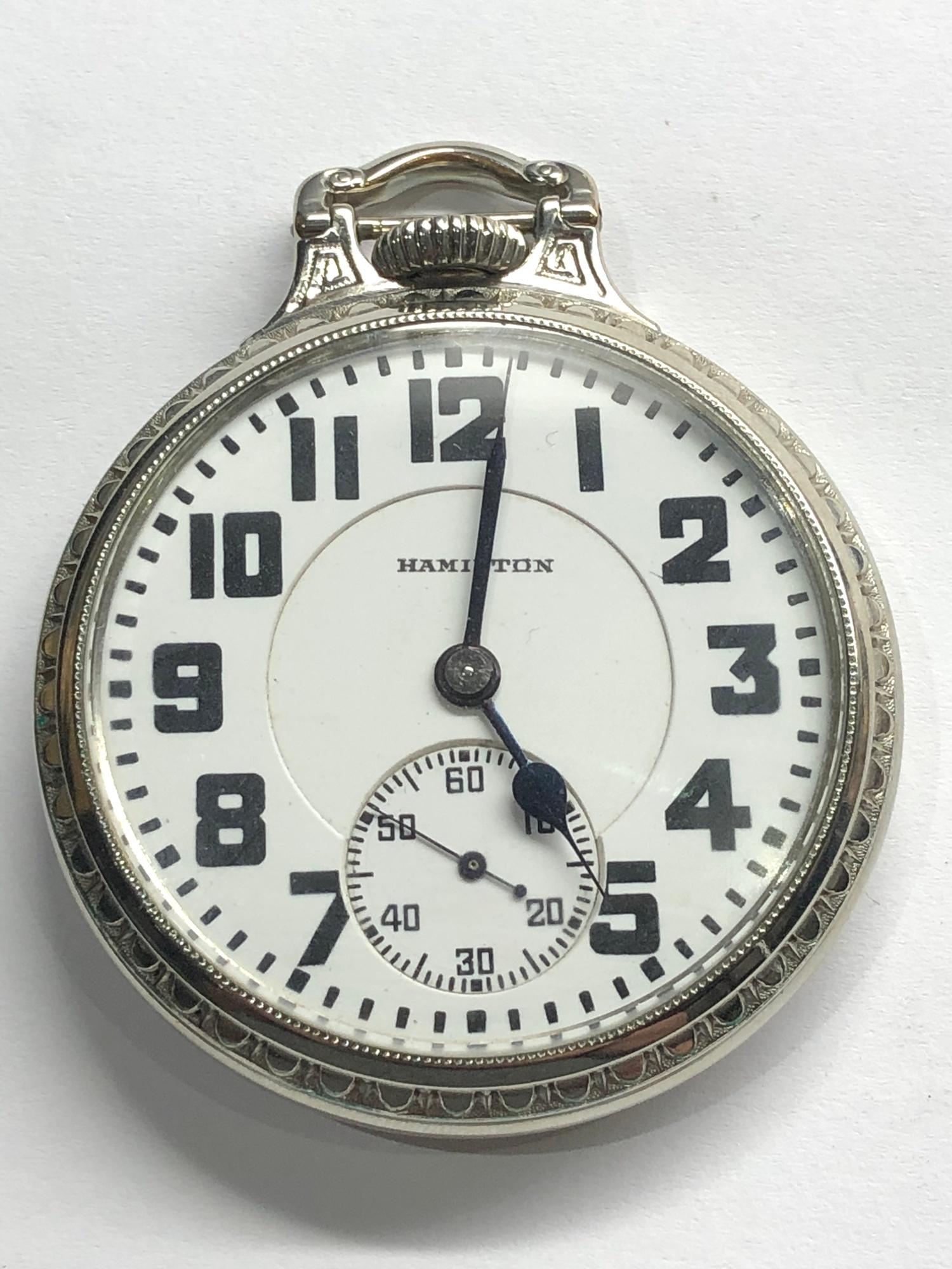 Fine art deco 14ct white gold plated Hamilton watch Co Lancaster double roller pocket watch in