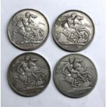 4 victorian silver crowns, as shown grade