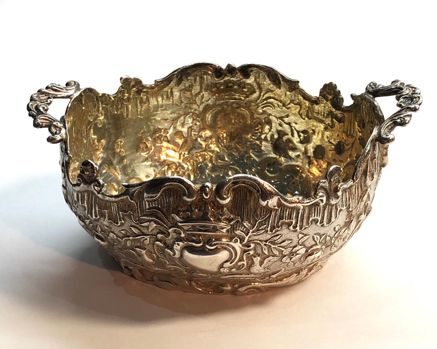 Antique continental and English silver bowl fine embossed decoration London silver and another