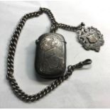 antique silver vesta case and albert chain with fob dent to vesta as shown total weight 65g