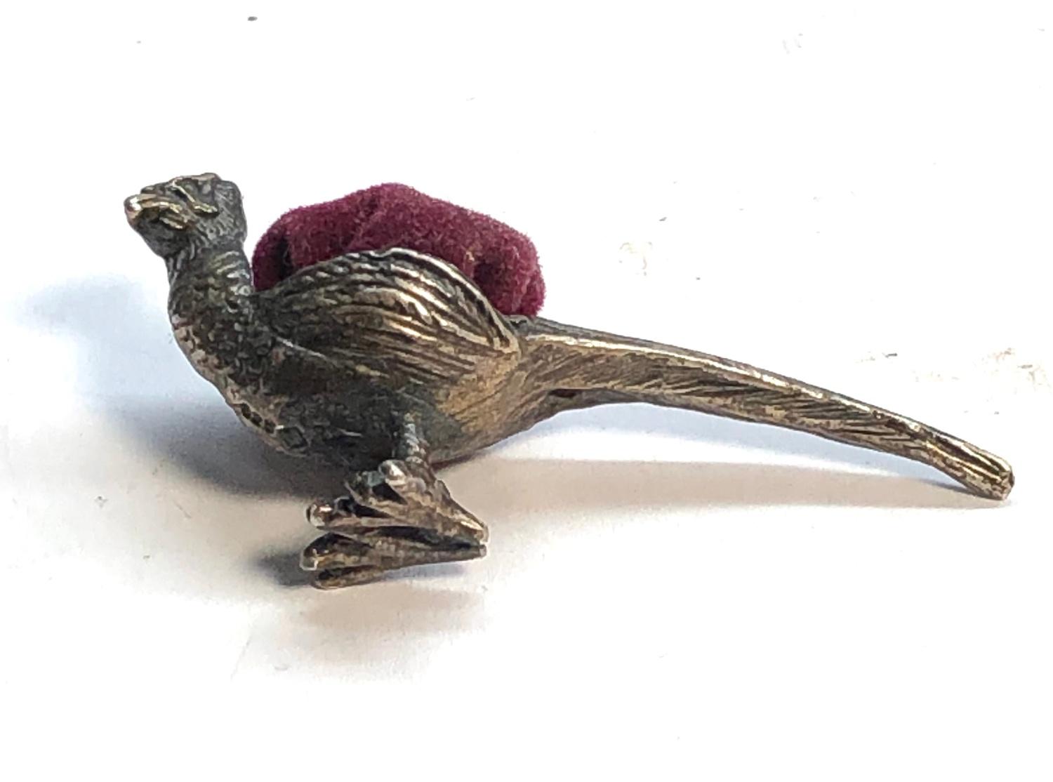 Miniature silver pheasant pin cushion hallmarked 925 measures approx 47mm wide height 22mm, as shown - Image 5 of 6