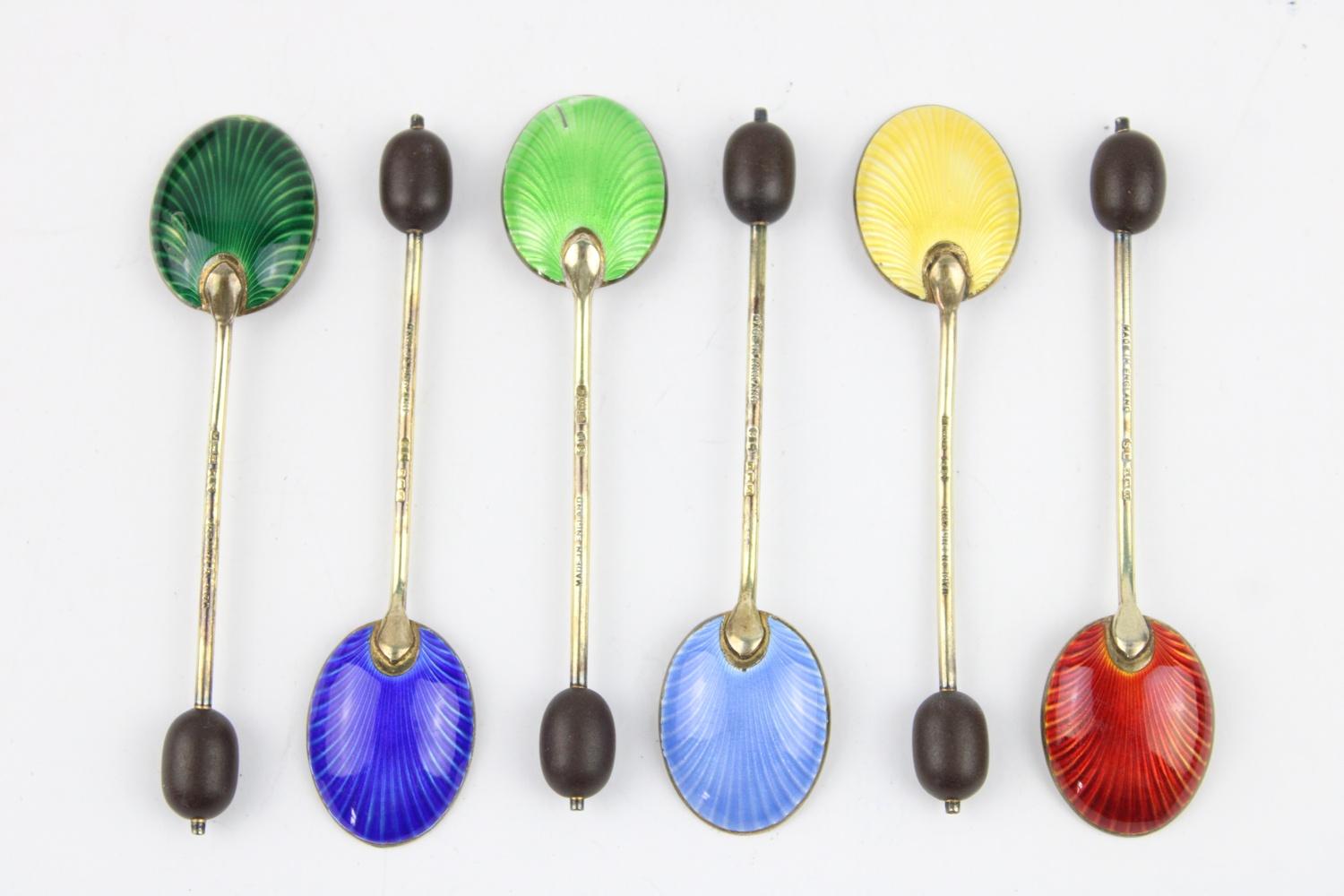 Vintage Hallmarked .925 silver coffee Spoons w/ enamel, coffee bean finials, associated case - Image 3 of 9