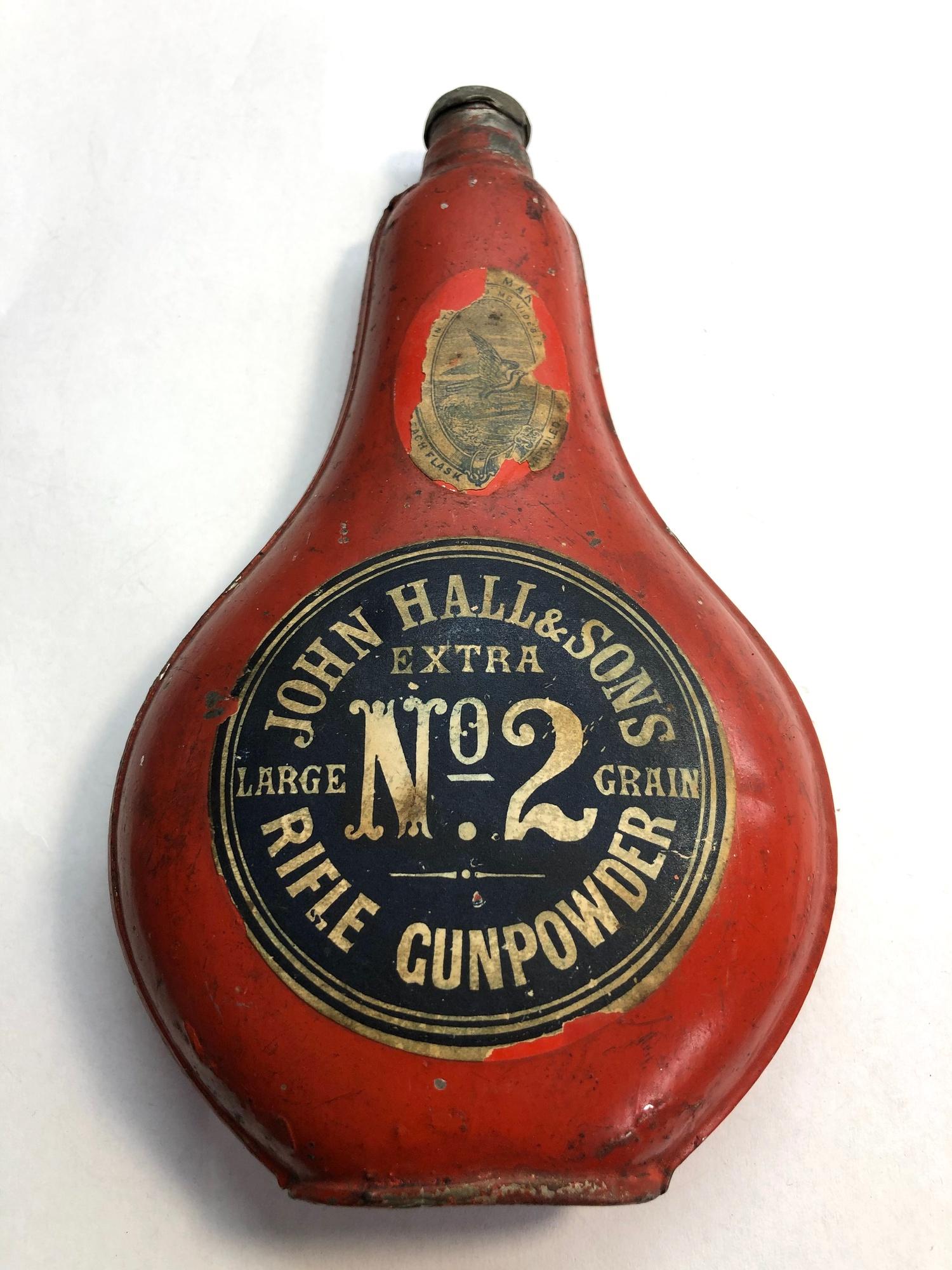 Antique John Hall rifle gunpowder flask with original labels intact, condition as shown - Image 2 of 2