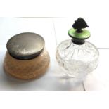 large silver top perfume bottle and powder bowl both with silver lids enamel damage to perfume as
