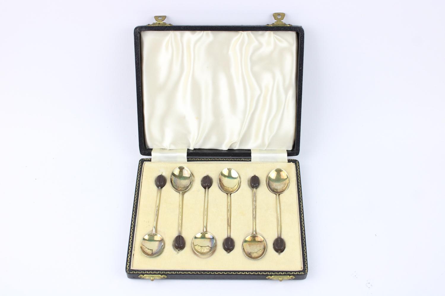 Vintage Hallmarked .925 silver coffee Spoons w/ enamel, coffee bean finials, associated case