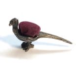 Miniature silver pheasant pin cushion hallmarked 925 measures approx 47mm wide height 22mm, as shown