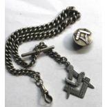 antique white metal masonic fob and stud on Albert pocket watch chain not silver