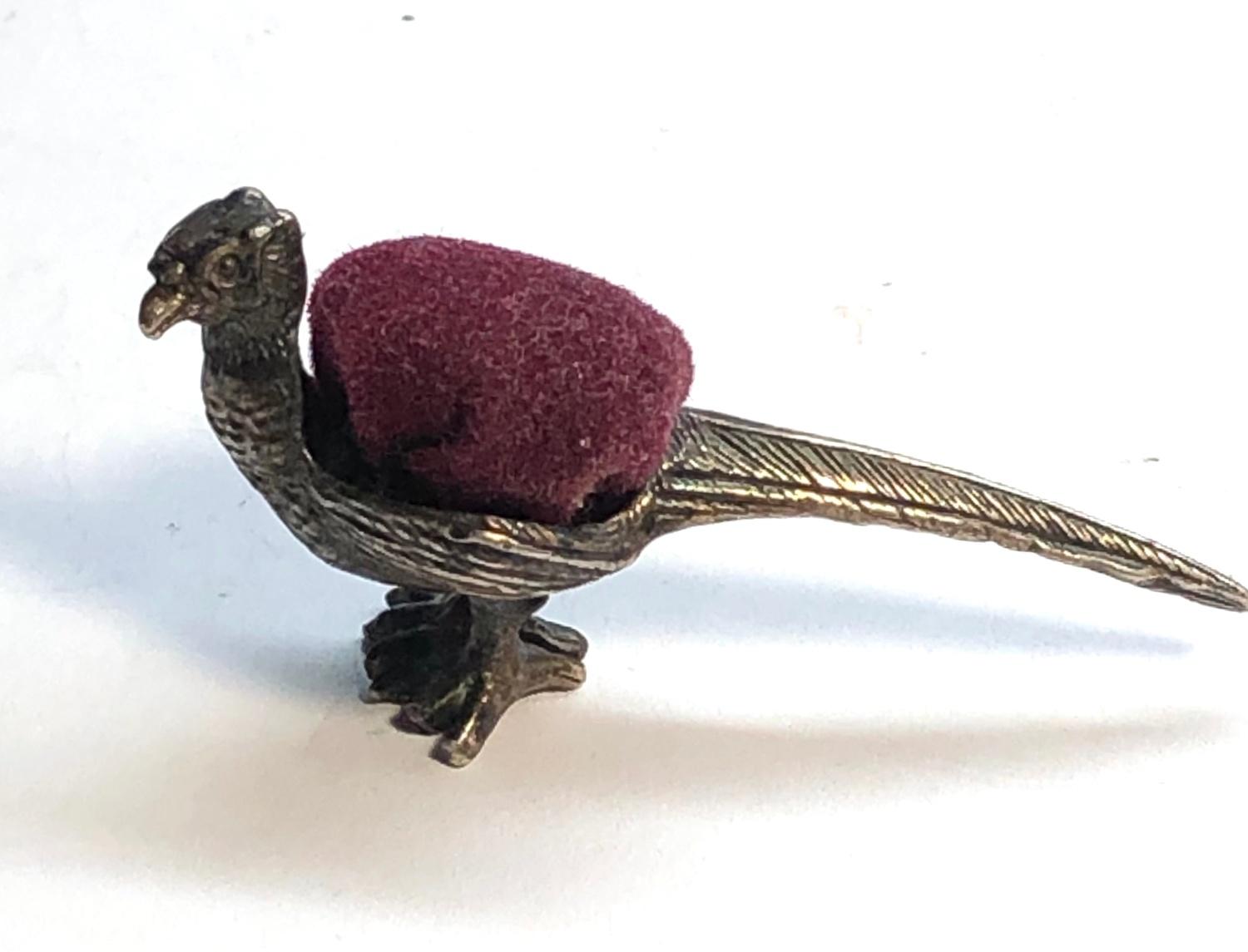 Miniature silver pheasant pin cushion hallmarked 925 measures approx 47mm wide height 22mm, as shown - Image 4 of 6