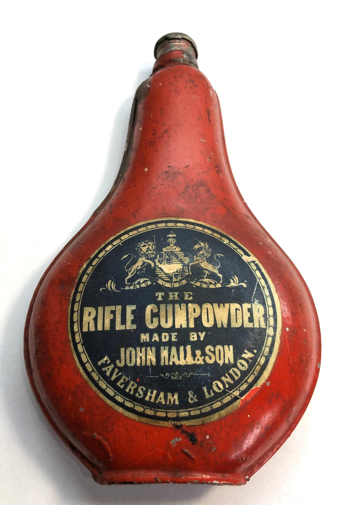 Antique John Hall rifle gunpowder flask with original labels intact, condition as shown