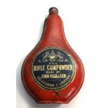 Antique John Hall rifle gunpowder flask with original labels intact, condition as shown