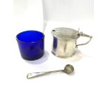 Victorian mustard pot blue liner does have cracks and chip, large silver spoon, hallmarks to base of