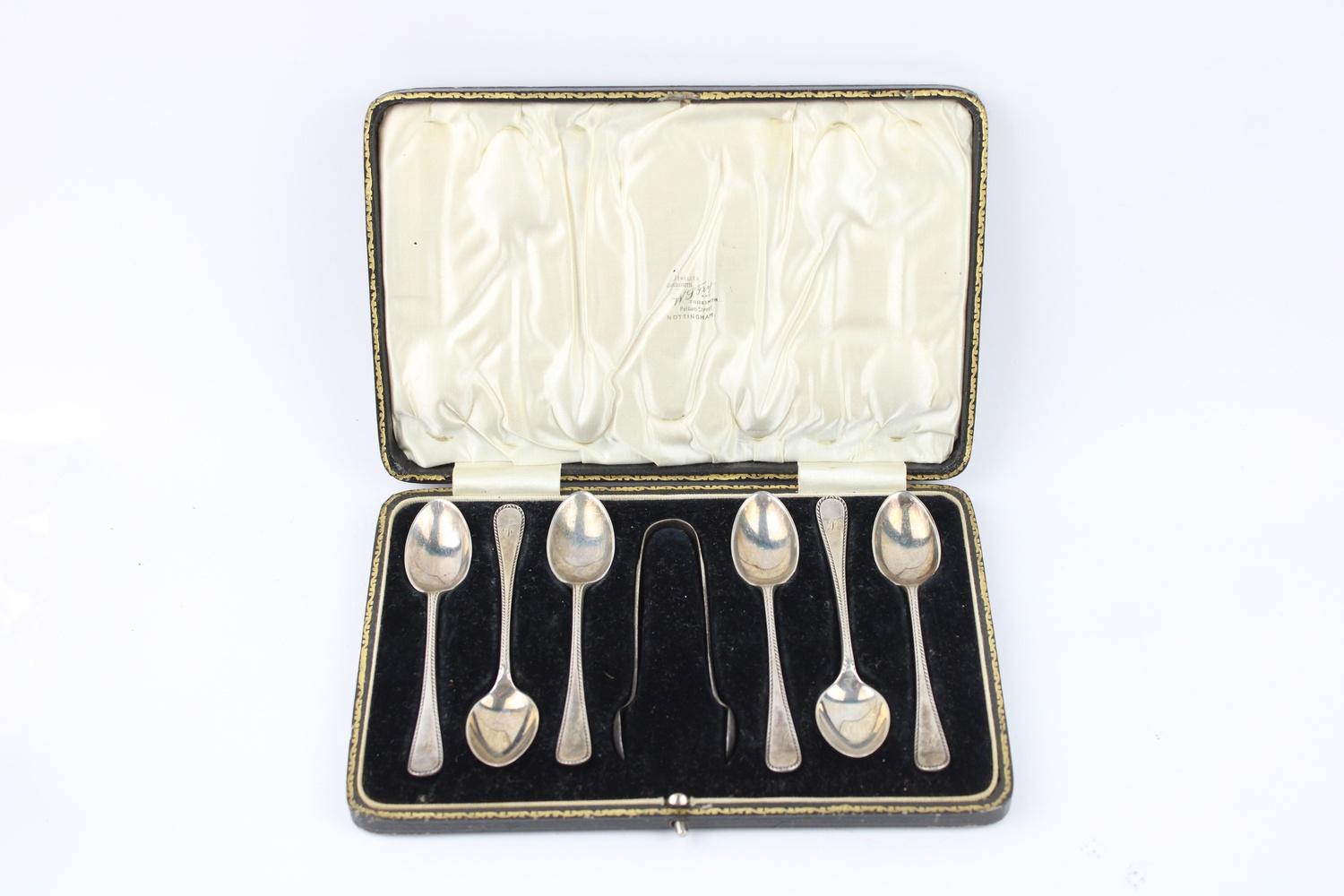 Antique Hallmarked 1916 Sheffield silver teaspoons with sugar tongs maker - Joseph Rodgers & Sons