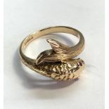 Fish design with Ruby eyes 9ct gold dress ring weight 4.1g as shown good condition