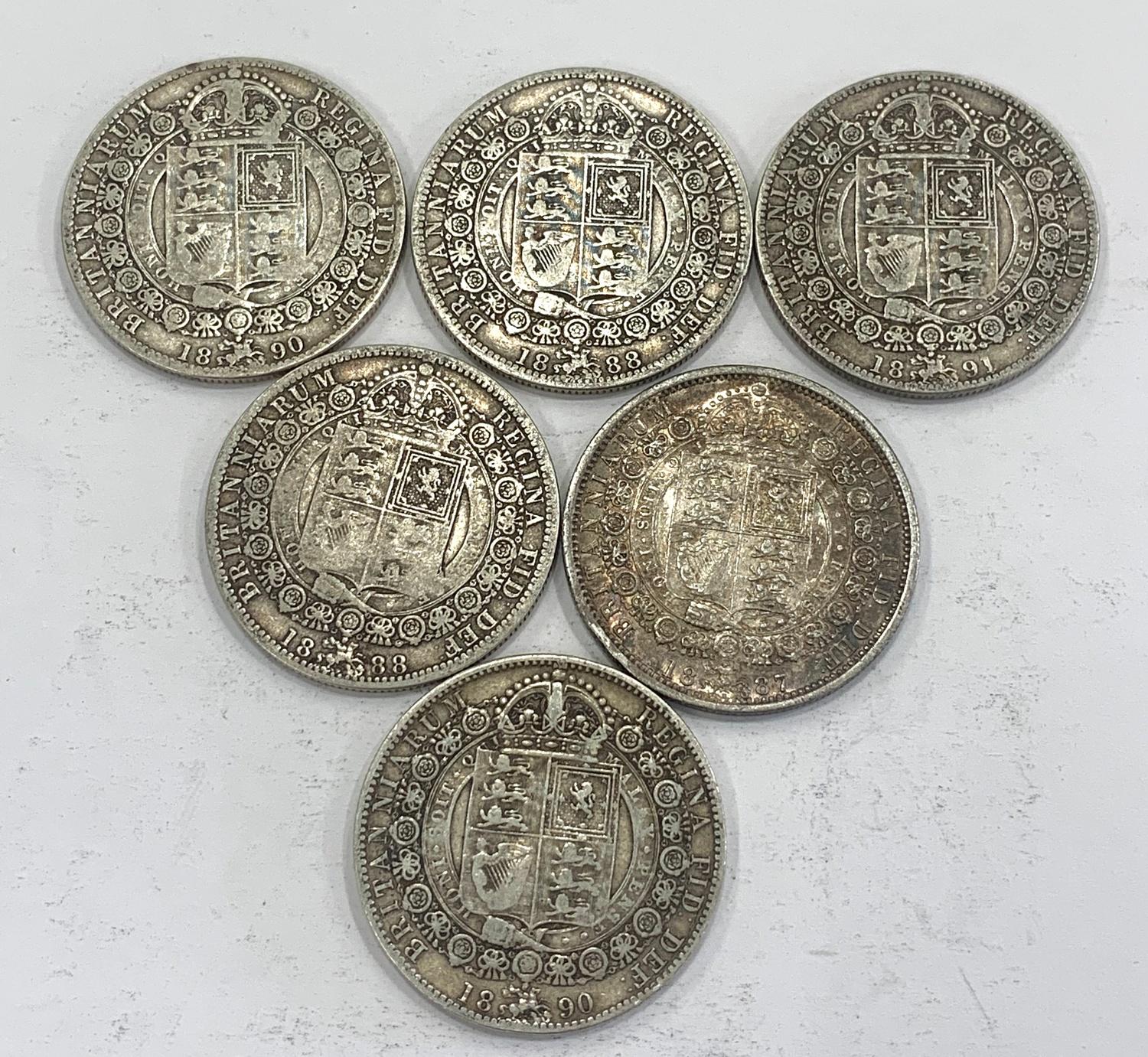 Selection 6 antique silver half crowns, total approximate weight 83g, please see image for grade and