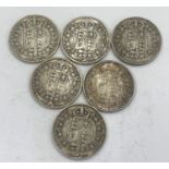 Selection 6 antique silver half crowns, total approximate weight 83g, please see image for grade and