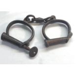 Antique iron handcuffs and key by Hiatt No 116 in good antique condition