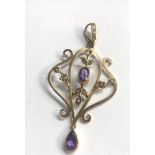 Antique 9ct gold amethyst and seed-pearl pendant measures approx 52mm drop26mm wide good condition