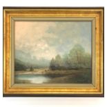 Vintage oil on board by Karl Schmidbauer mountain landscape measures approx 29cm by 23cm, overall