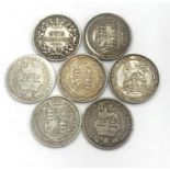 Selection 7 silver shillings, total approximate weight 39.6g, please see image for grade and