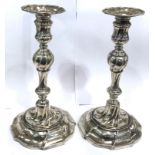 Rare pair George II candlesticks London 1754 coat of arms to front, approximate weight:932g