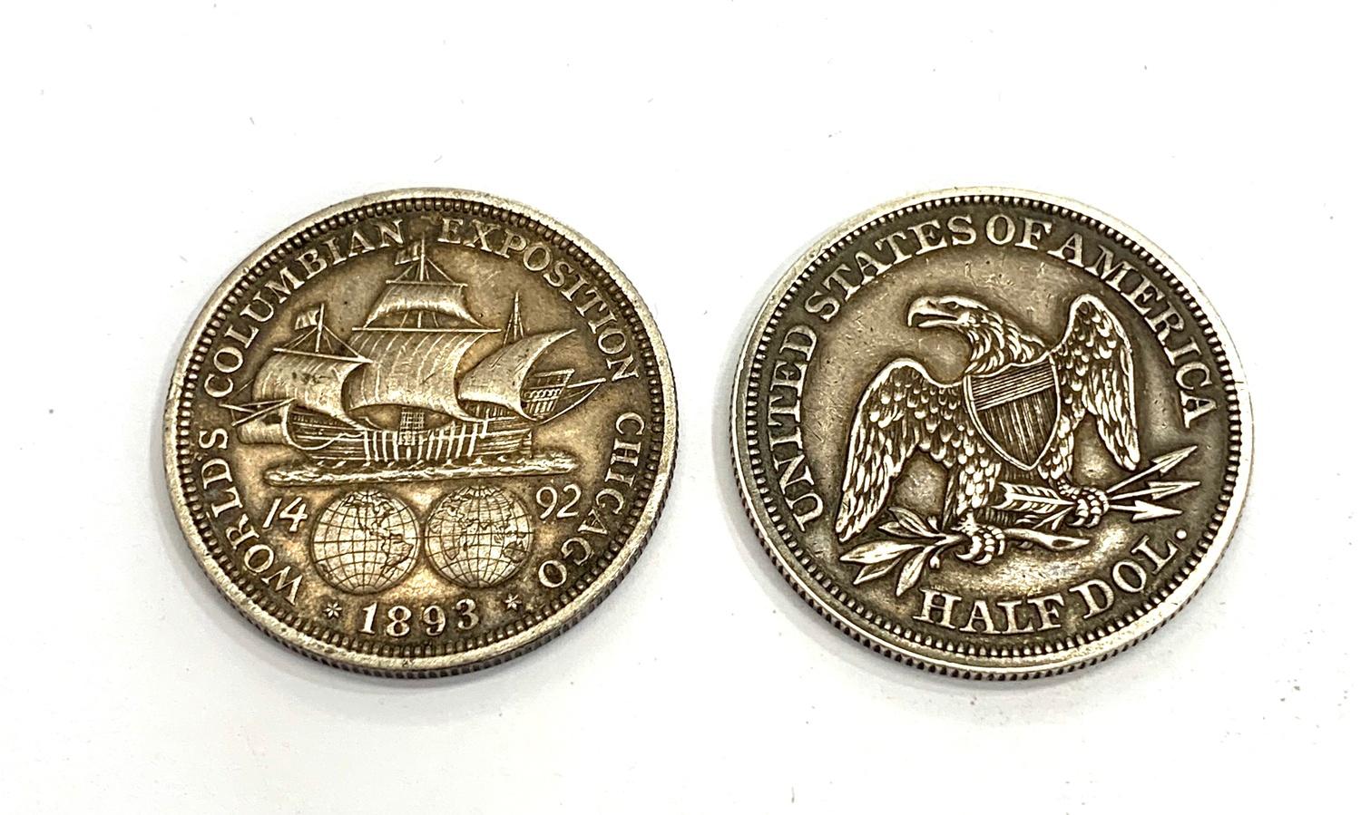 2 Antique silver USA half dollars 1893 worlds Columbian exposition Chicago and 1859 half dollar