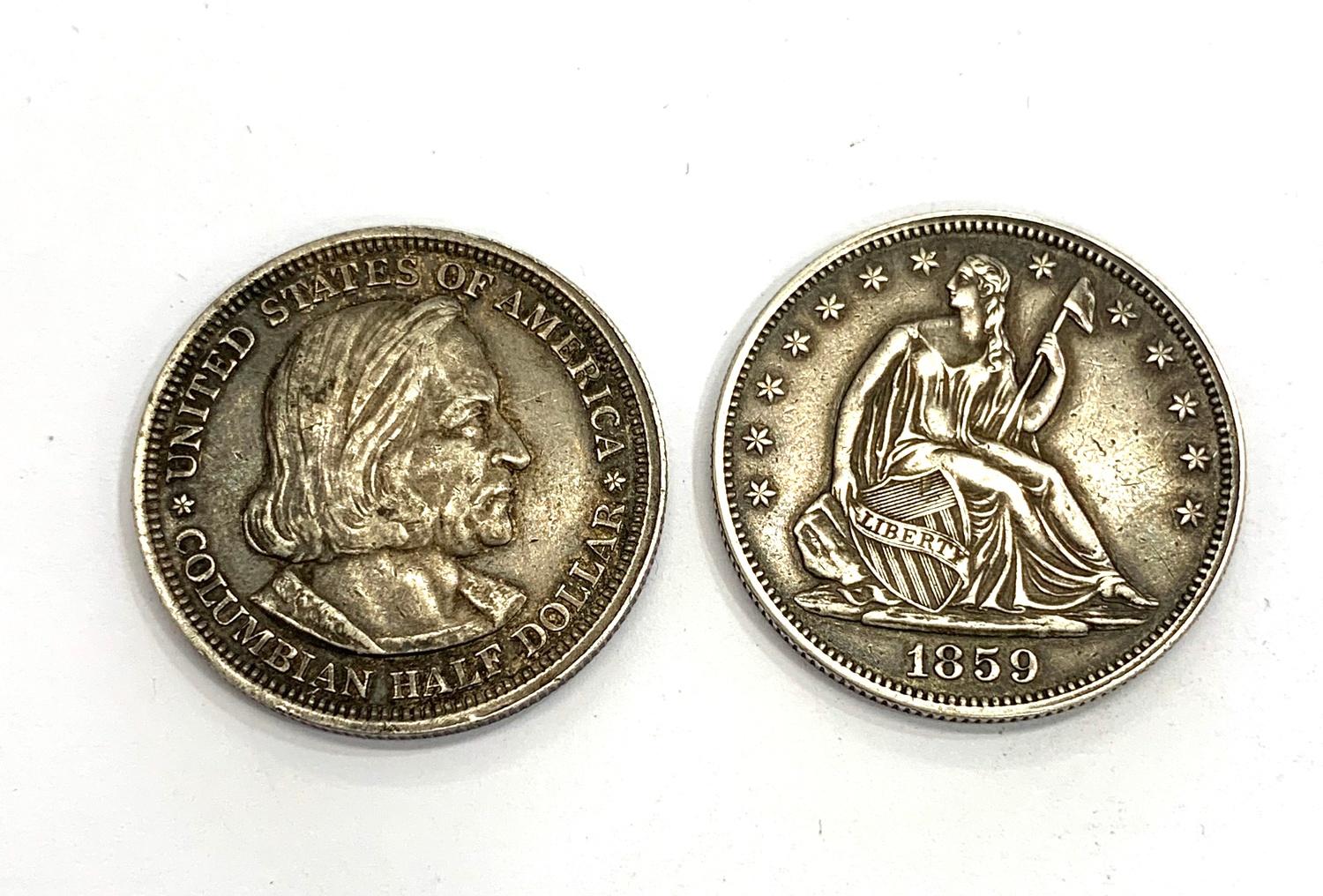 2 Antique silver USA half dollars 1893 worlds Columbian exposition Chicago and 1859 half dollar - Image 2 of 2