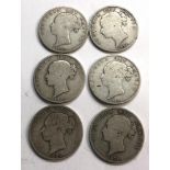 6 Victorian silver half crowns please see images for grade and condition