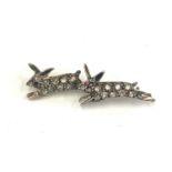 rose diamond rabbit brooch 2 rabets set with old cut rose diamonds with ruby eyes set in silver with