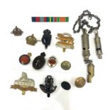 Collection military badges, includes 3 whistles, buttons etc, please see images