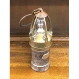 Antique Miner's brass safety lamp early electric lantern original glass bulb measures approx