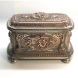 Antique French silver gilt on copper scenic embossed panels Jewellery box casket with fitted