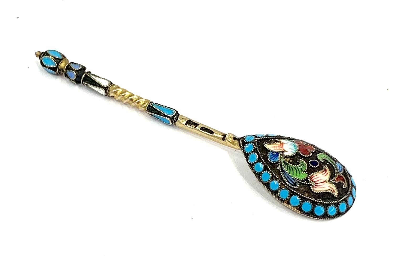 Antique Russian silver and enamel salt spoon Russian silver hallmarks measures approx 7.7cm long